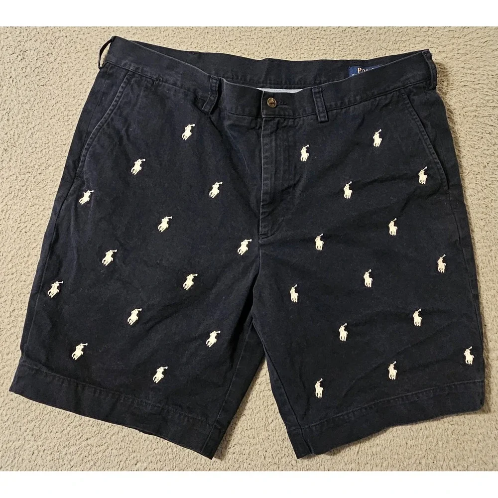 Polo Ralph Lauren Mens Navy Blue All Over Embroidered Pony Chino Shorts Size 36